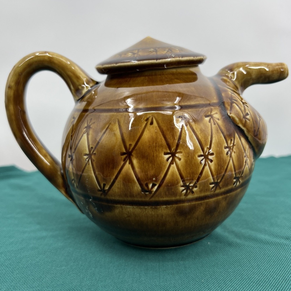 Vintage MCM Allerton? Brown Pottery 'A' Mark Unique Spout Art Deco Teapot